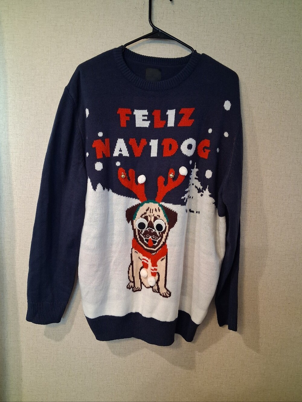 H&M Navy and White 'Feliz Navidog' Graphic Crewneck Sweater Chirstma